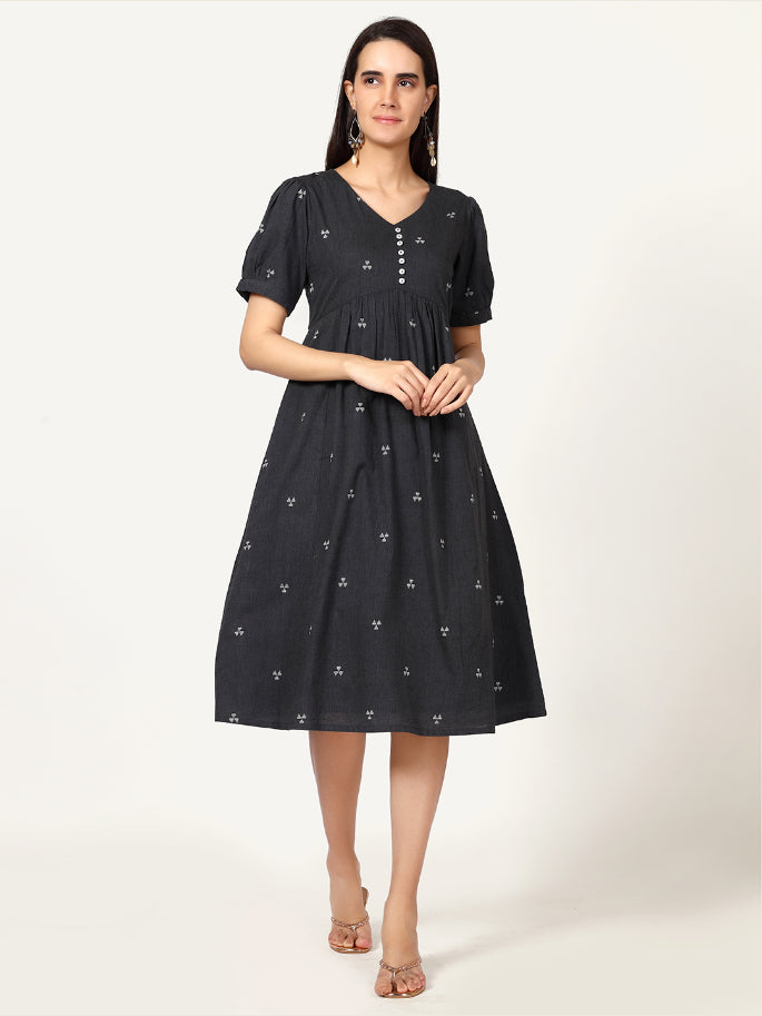 Grey Woven Design Cotton Midi Dress with lining