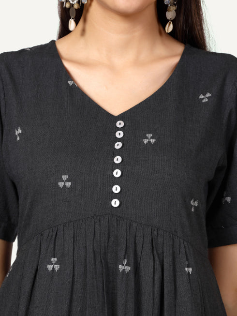 Grey Woven Design Cotton Midi Dress with lining