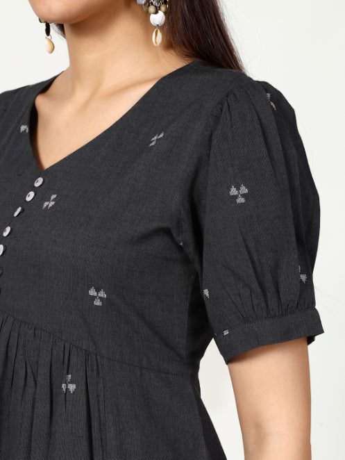 Grey Woven Design Cotton Midi Dress with lining