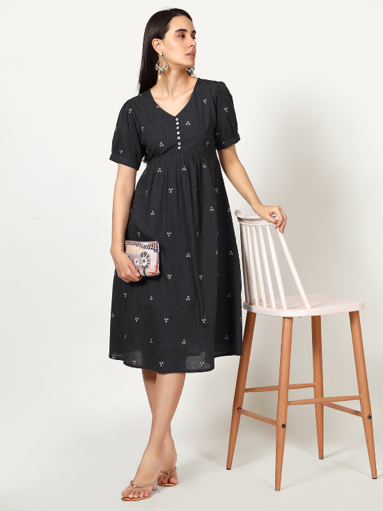 Grey Woven Design Cotton Midi Dress with lining