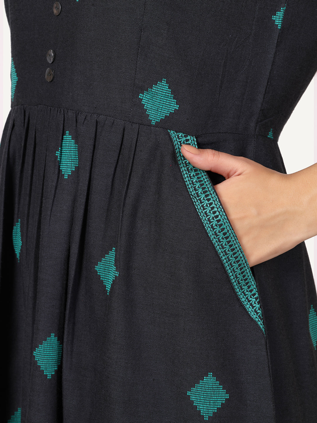 Grey Geometric Woven Design Midi Dress with Embroidered Pockets