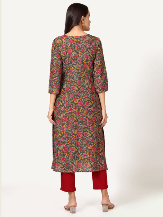 Green Floral Print Angrakha Kurta with Neck Embroidery