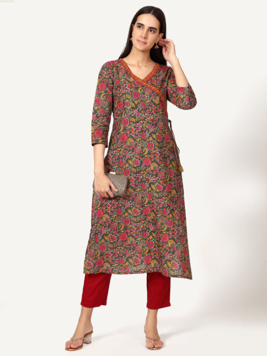 Green Floral Print Angrakha Kurta with Neck Embroidery