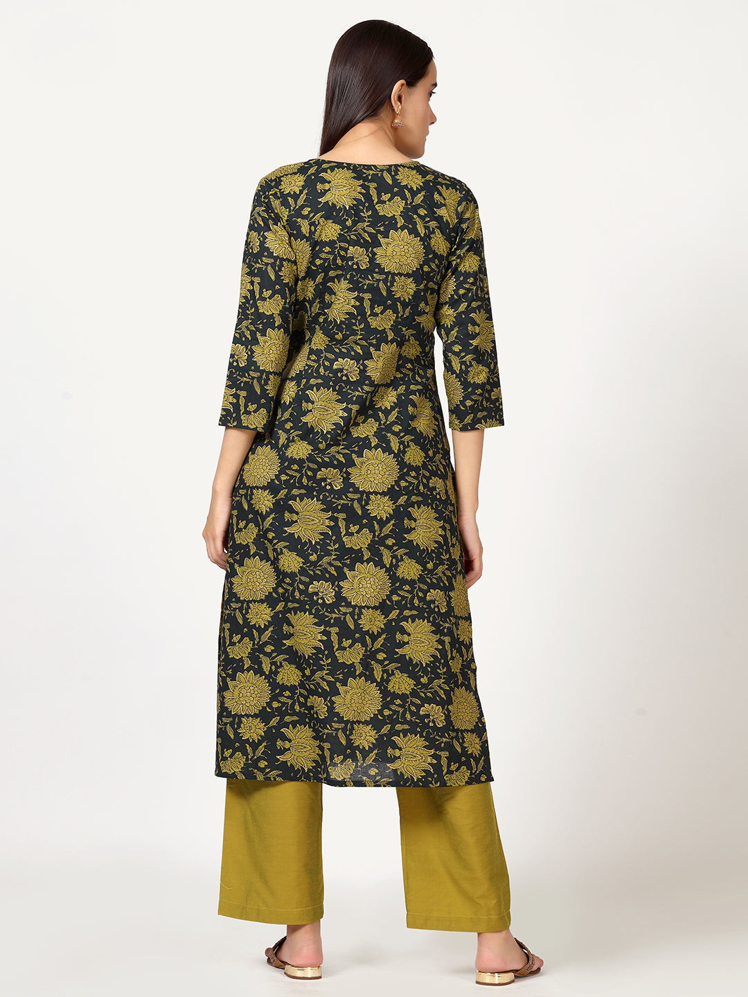 Green Floral Print Cotton Kurta with Neck Embroidery