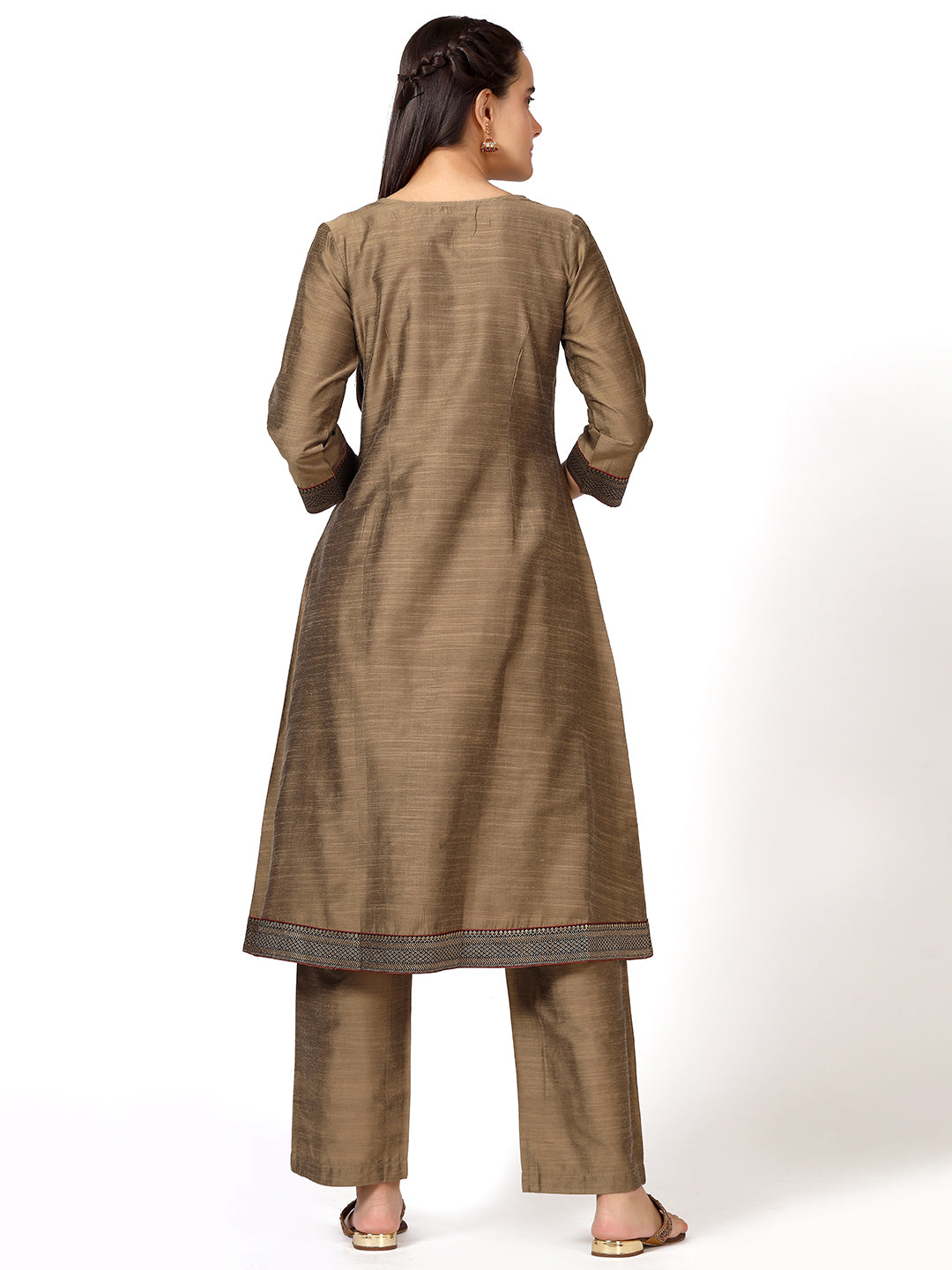 Gold Art Silk Embroidered Kurta Set with Brocade Lace