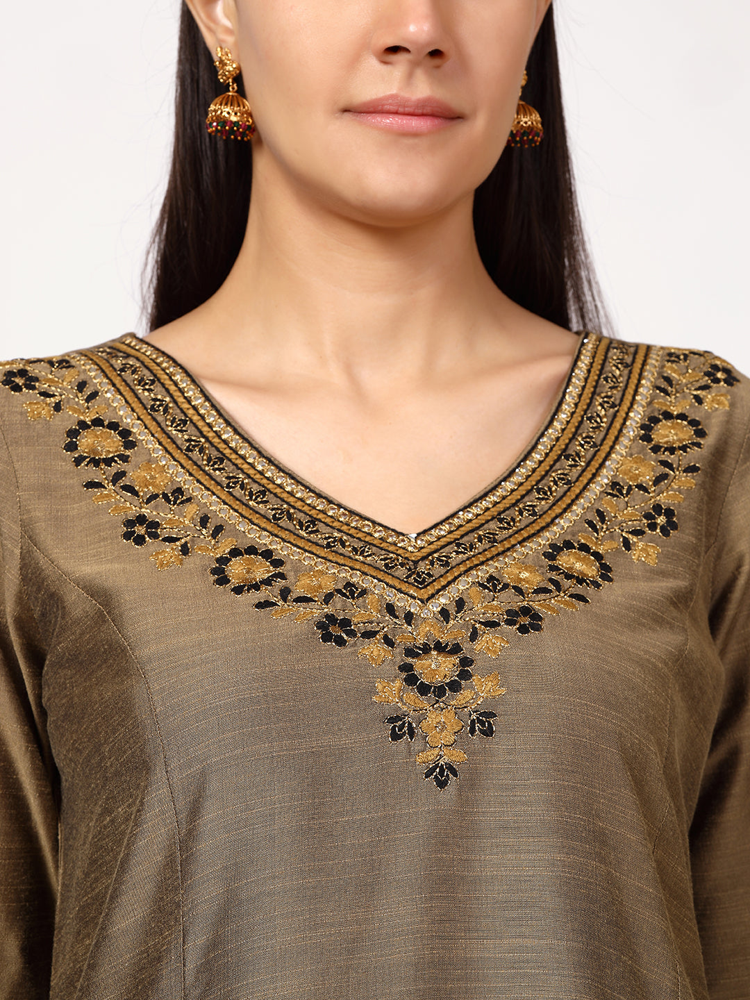 Gold Art Silk Embroidered Kurta Set with Brocade Lace