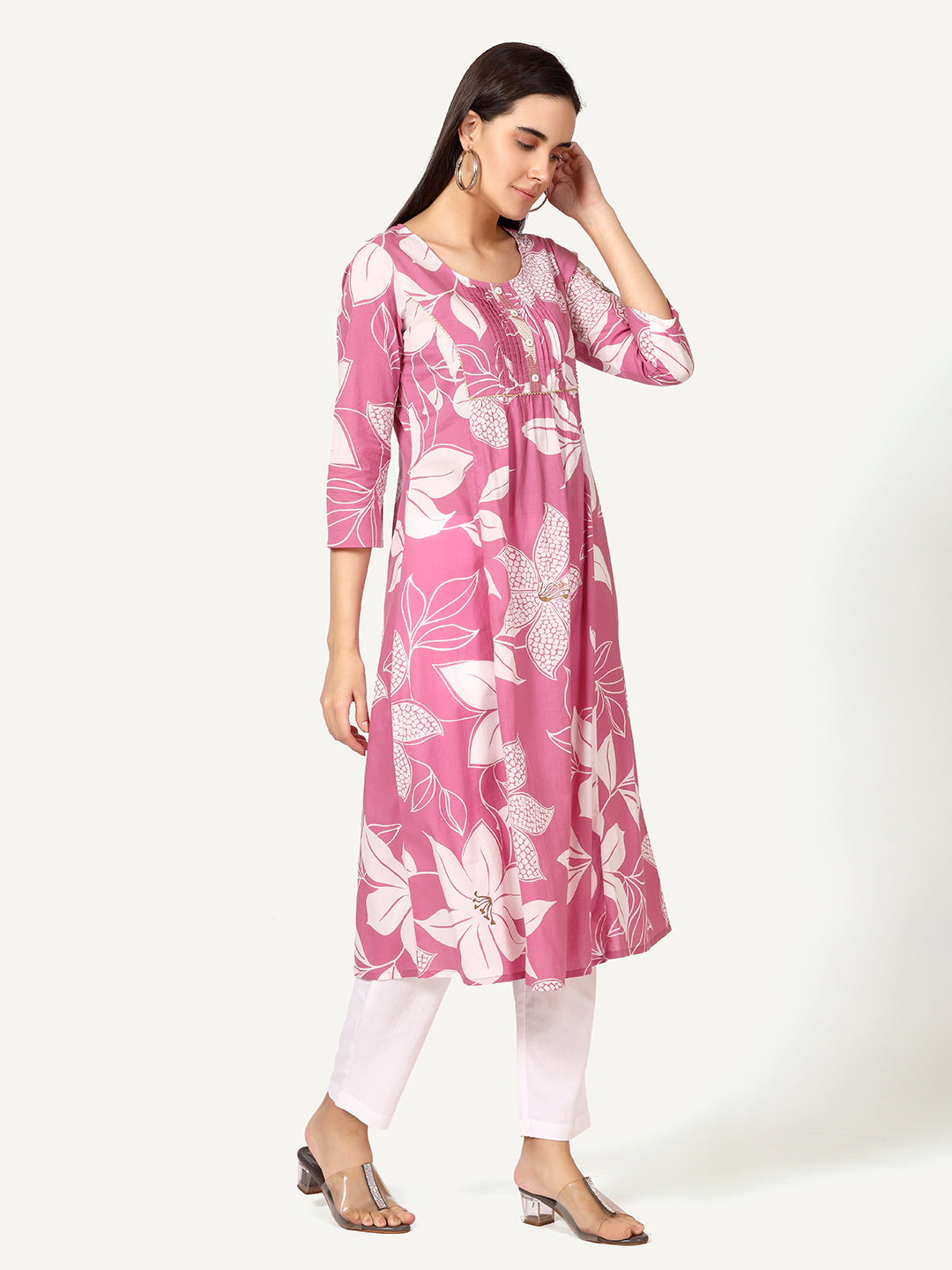 Pink Cotton Floral Printed Kurta with Pleats