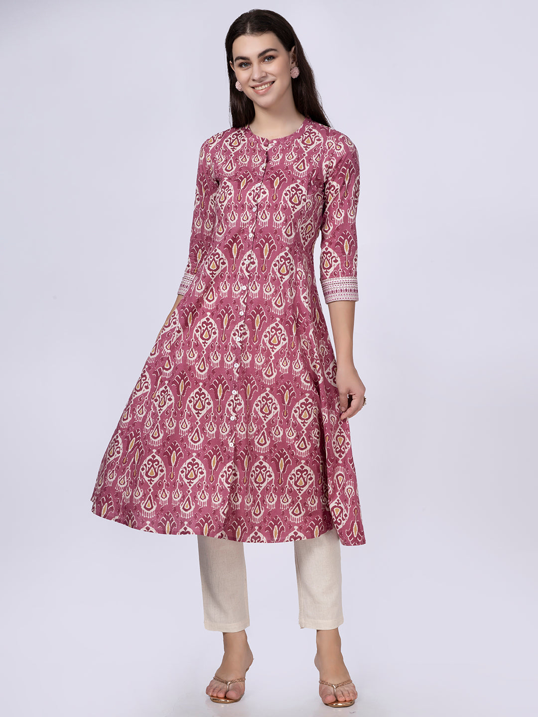 Pink Patola Print Button Down Cotton Kurta