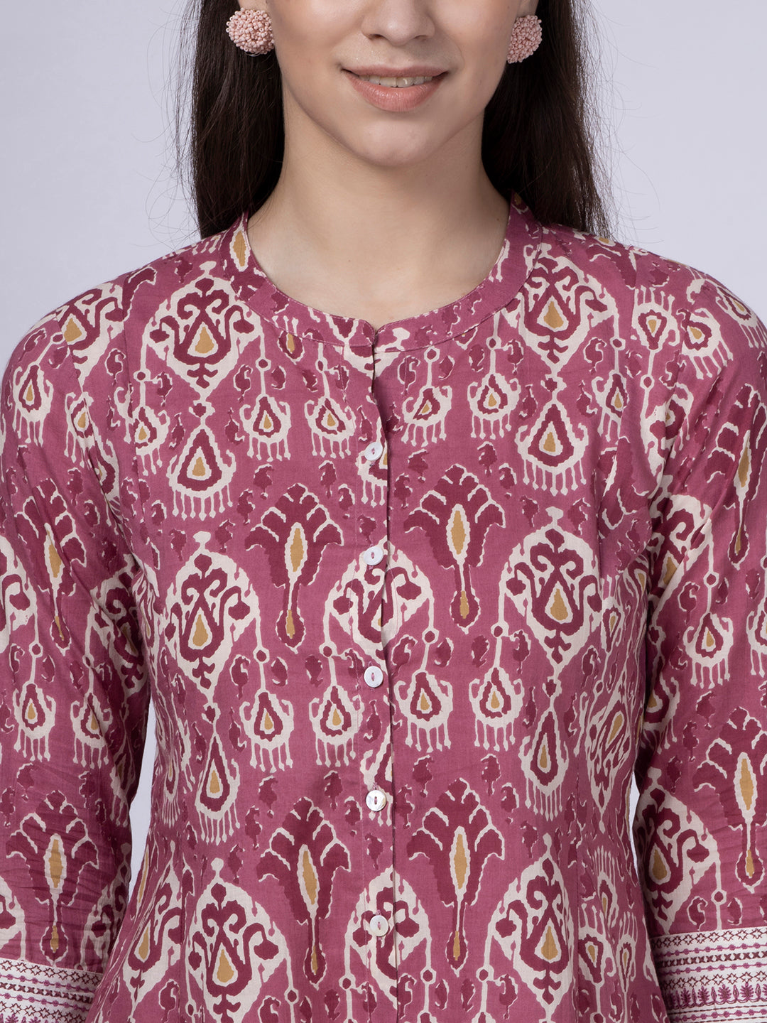 Pink Patola Print Button Down Cotton Kurta