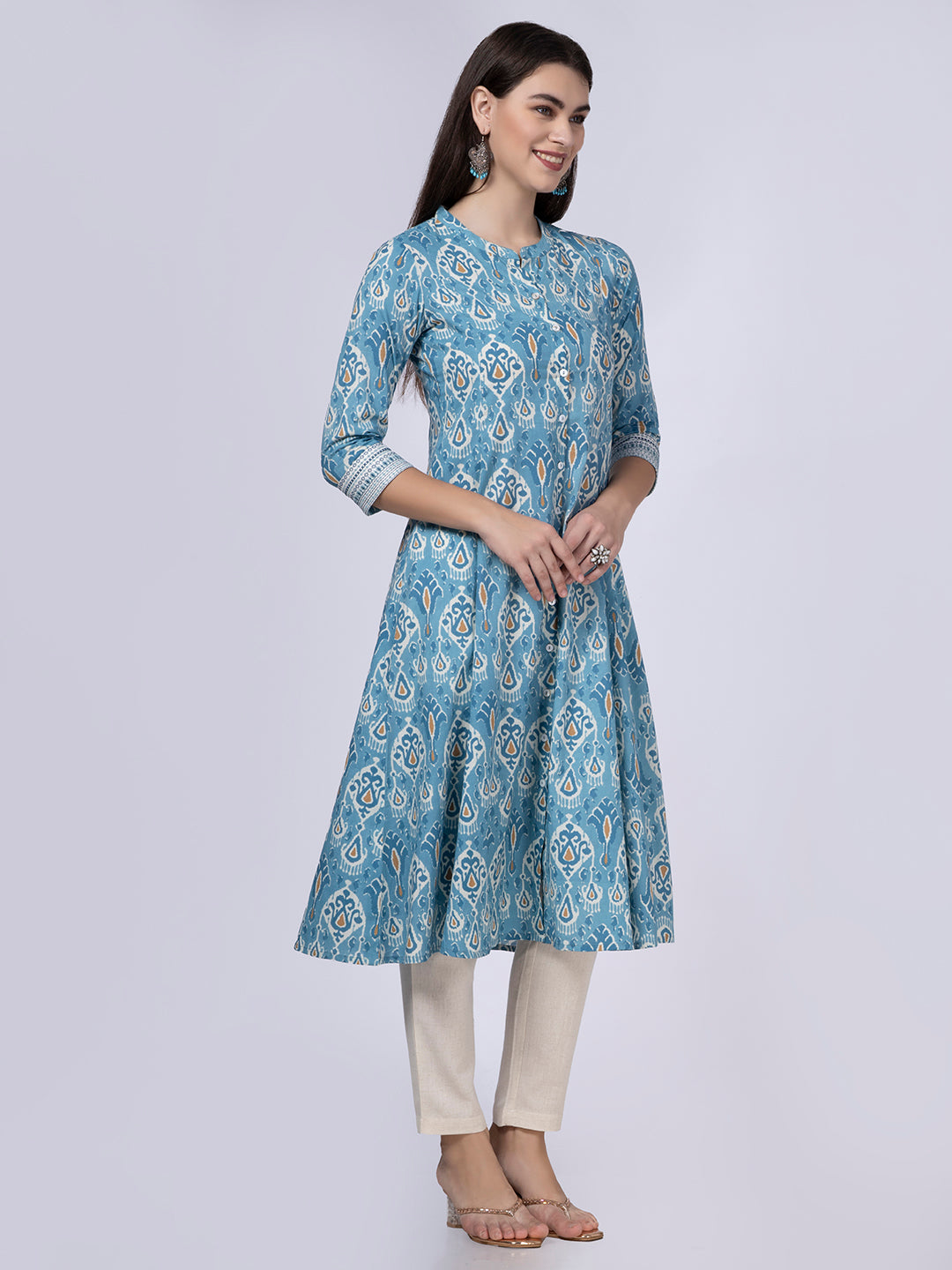 Blue Patola Print Button-Down Cottton Kurta