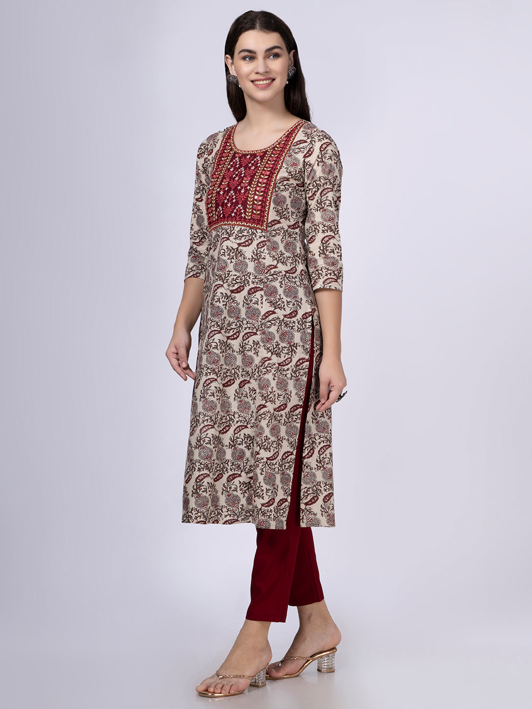 Maroon Paisley Print Kurta with Yoke Embroidery