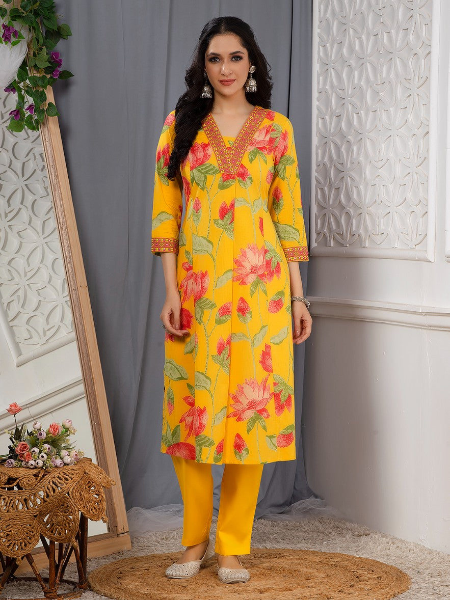 Yellow Floral Print Cotton Kurta with Embroidery
