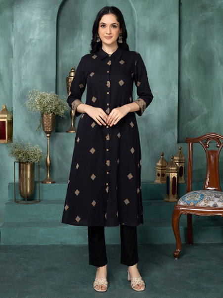 Timeless Black Geometric Woven Shirt Kurta