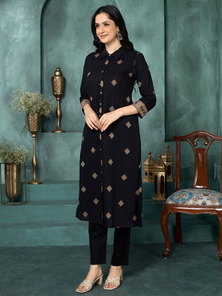 Timeless Black Geometric Woven Shirt Kurta