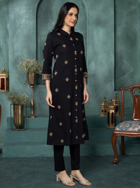 Timeless Black Geometric Woven Shirt Kurta