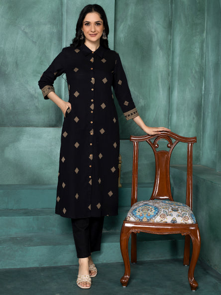Timeless Black Geometric Woven Shirt Kurta