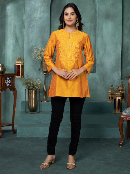 Dahlia Yellow Embroidered Art Silk Tunic