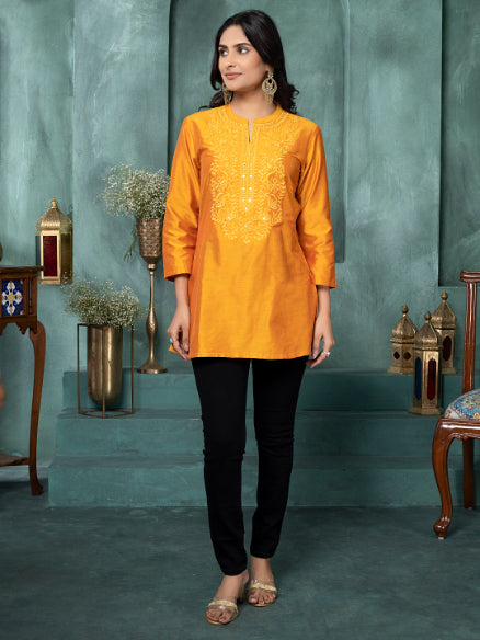 Dahlia Yellow Embroidered Art Silk Tunic