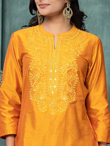 Dahlia Yellow Embroidered Art Silk Tunic