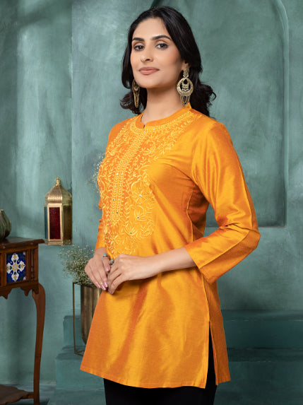Dahlia Yellow Embroidered Art Silk Tunic