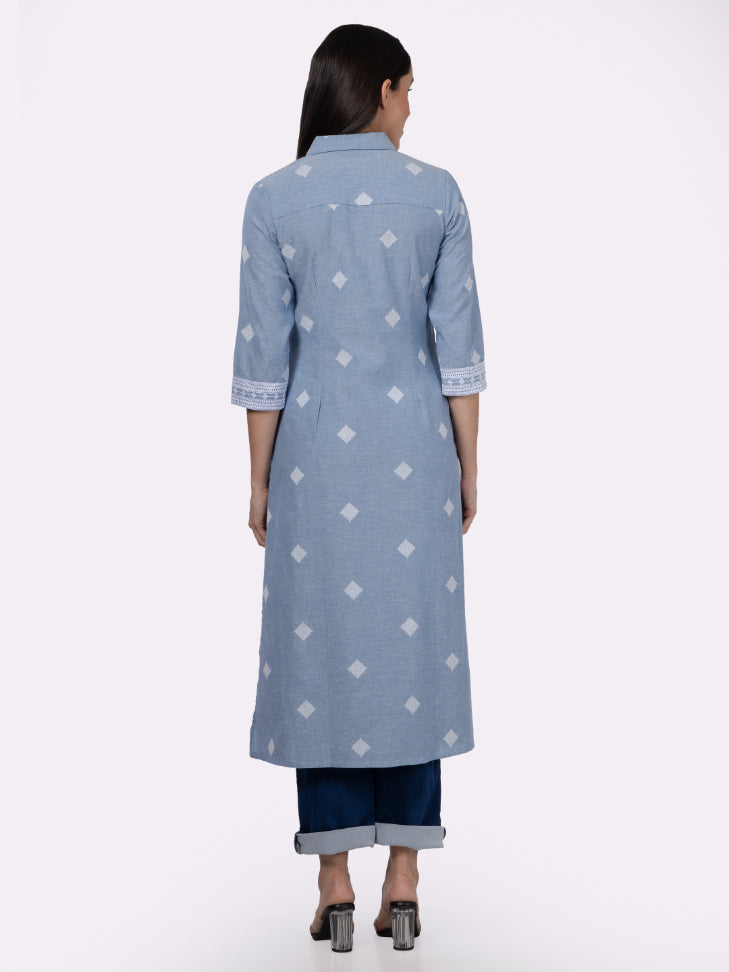 Blue Cotton Shirt Collar Kurta with Pockets & Sleeve Embroidery
