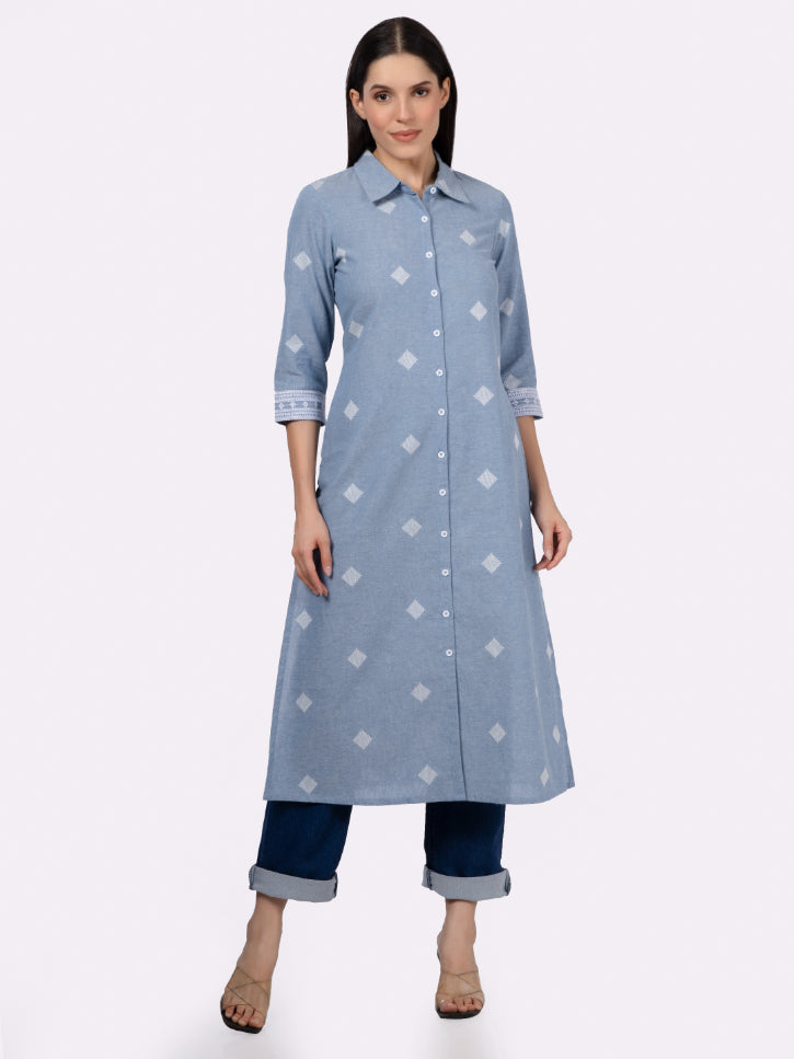 Blue Cotton Shirt Collar Kurta with Pockets & Sleeve Embroidery
