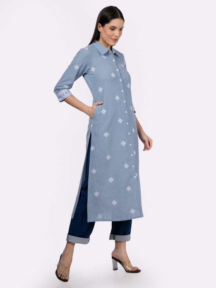 Blue Cotton Shirt Collar Kurta with Pockets & Sleeve Embroidery