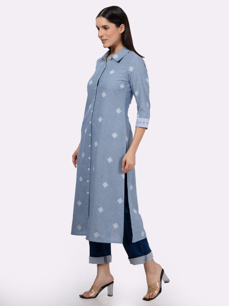 Blue Cotton Shirt Collar Kurta with Pockets & Sleeve Embroidery