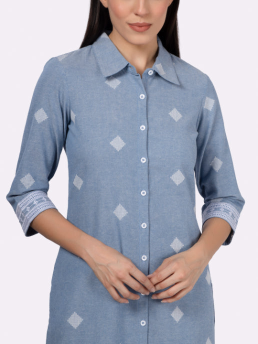 Blue Cotton Shirt Collar Kurta with Pockets & Sleeve Embroidery