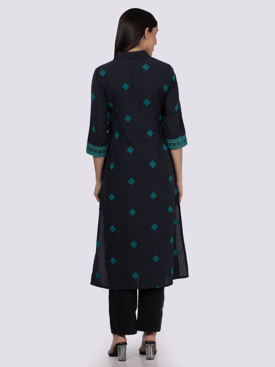 Grey Cotton Shirt Collar Kurta with Pockets & Sleeve Embroidery