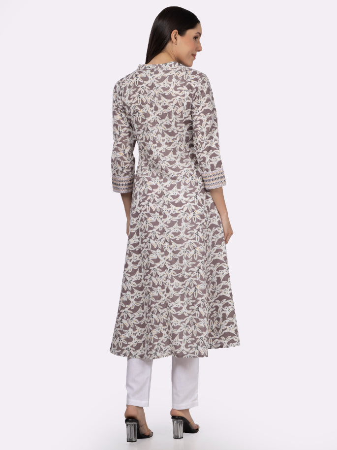 Grey Floral Printed Embroidery Button Down Cotton Kurta