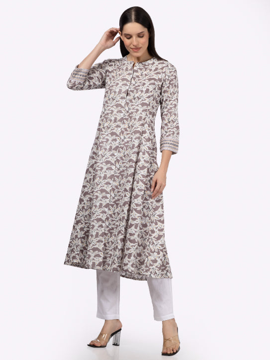 Grey Floral Printed Embroidery Button Down Cotton Kurta
