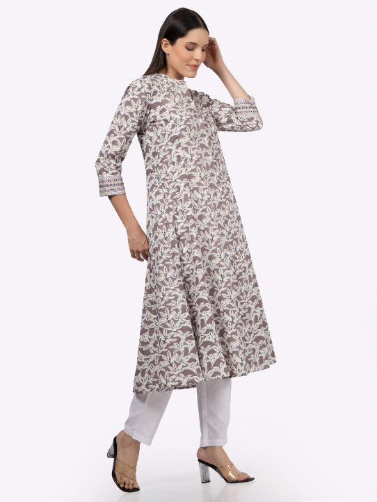 Grey Floral Printed Embroidery Button Down Cotton Kurta