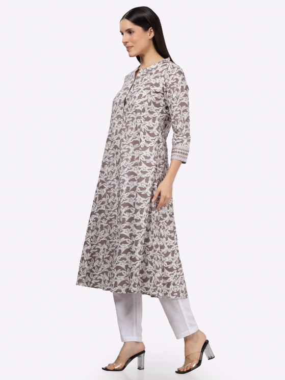 Grey Floral Printed Embroidery Button Down Cotton Kurta