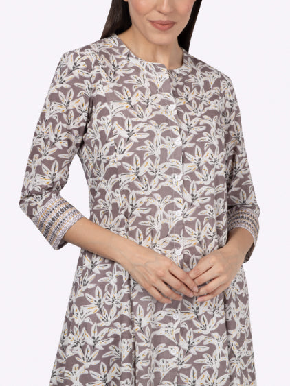 Grey Floral Printed Embroidery Button Down Cotton Kurta
