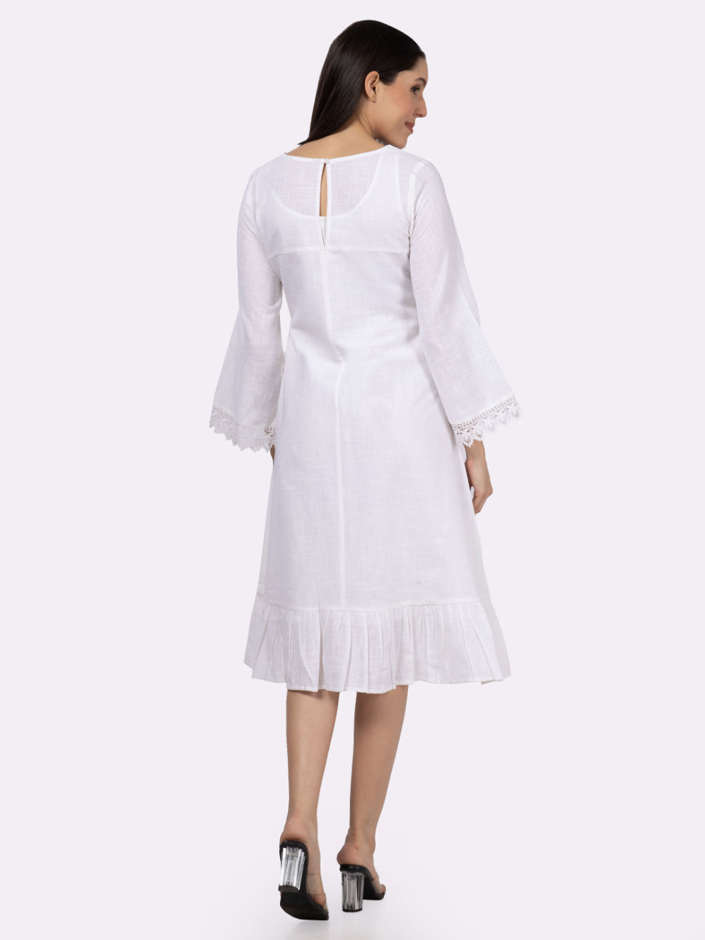 White Cotton Slub Embroidered Dress with Lace on Sleeves