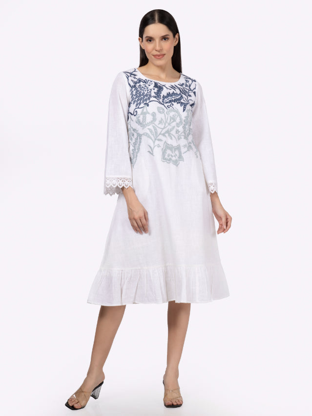 White Cotton Slub Embroidered Dress with Lace on Sleeves