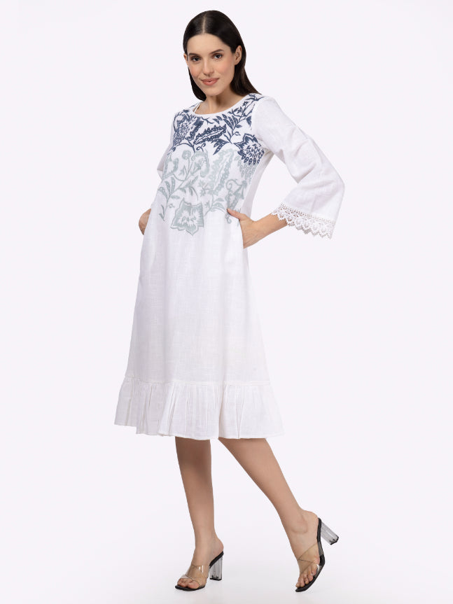 White Cotton Slub Embroidered Dress with Lace on Sleeves