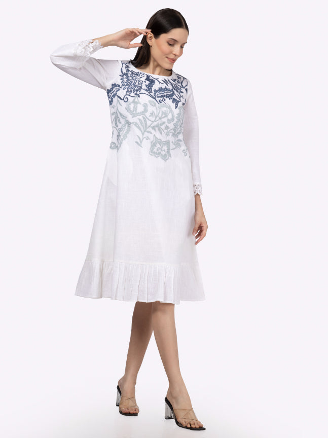 White Cotton Slub Embroidered Dress with Lace on Sleeves