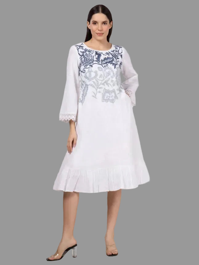 White Cotton Slub Embroidered Dress with Lace on Sleeves  Saffron Threads