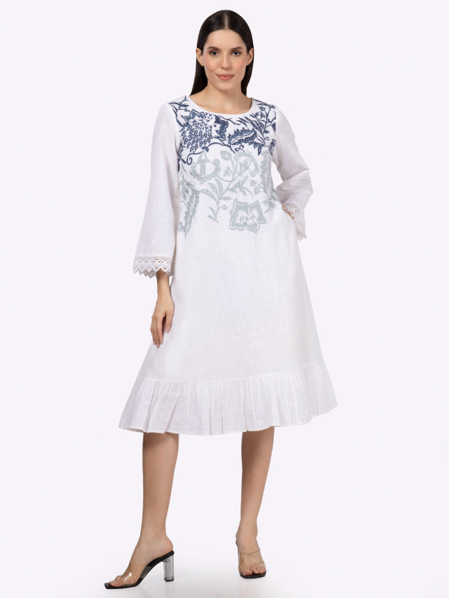 White Cotton Slub Embroidered Dress with Lace on Sleeves