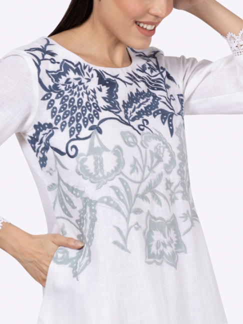 White Cotton Slub Embroidered Dress with Lace on Sleeves