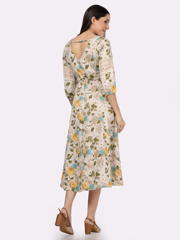Turquoise Floral Printed Cotton Flax Dress with Lace inserts
