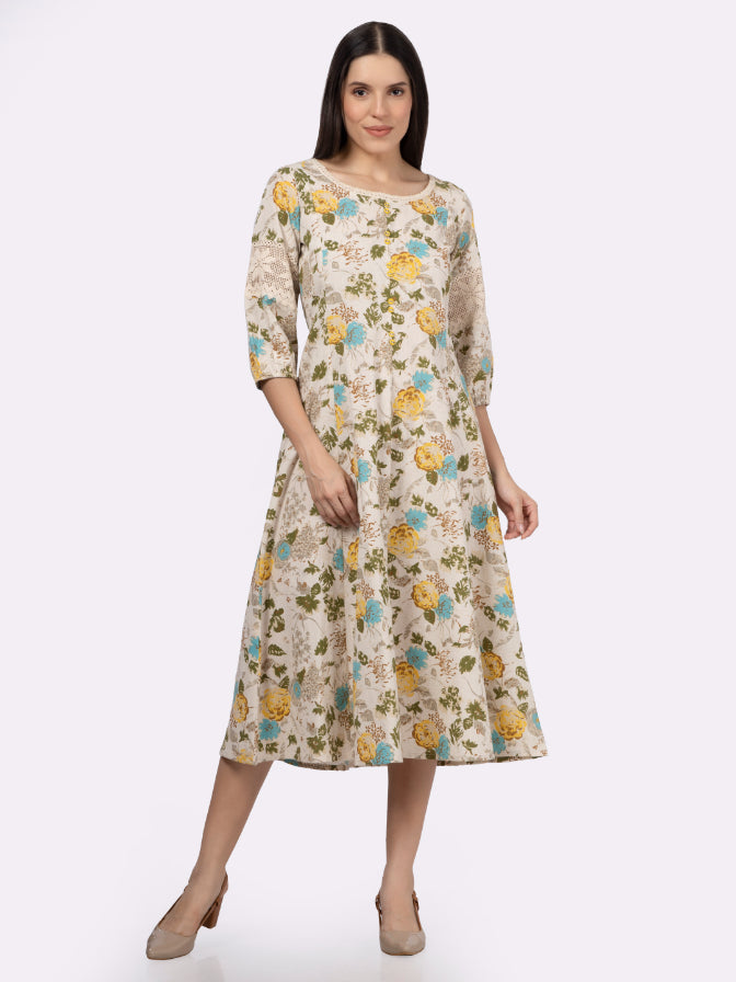 Turquoise Floral Printed Cotton Flax Dress with Lace inserts