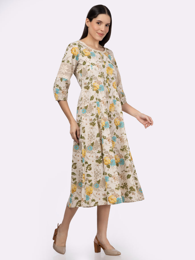 Turquoise Floral Printed Cotton Flax Dress with Lace inserts
