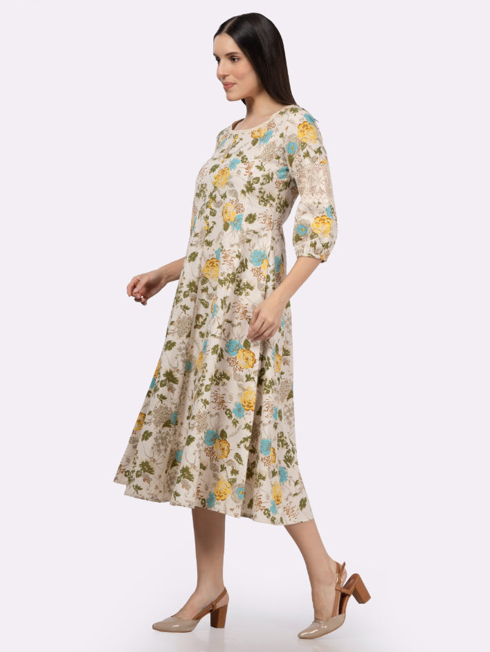 Turquoise Floral Printed Cotton Flax Dress with Lace inserts