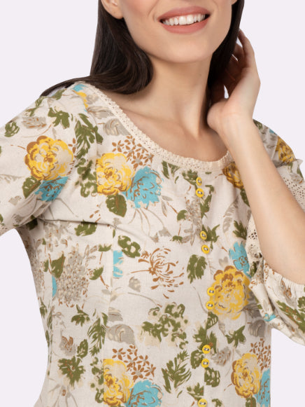 Turquoise Floral Printed Cotton Flax Dress with Lace inserts