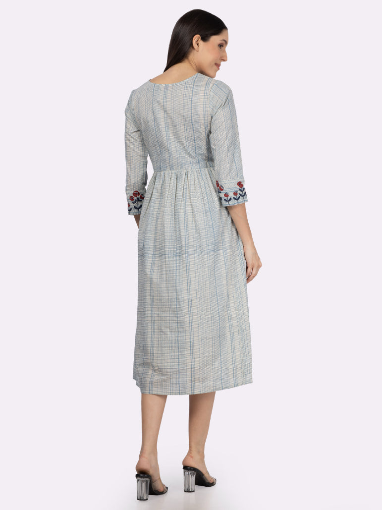 Blue Cotton Embroidered Dress with Micro Grid Print