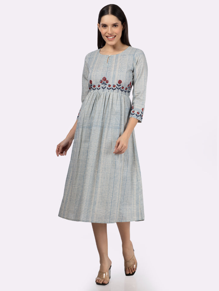 Blue Cotton Embroidered Dress with Micro Grid Print