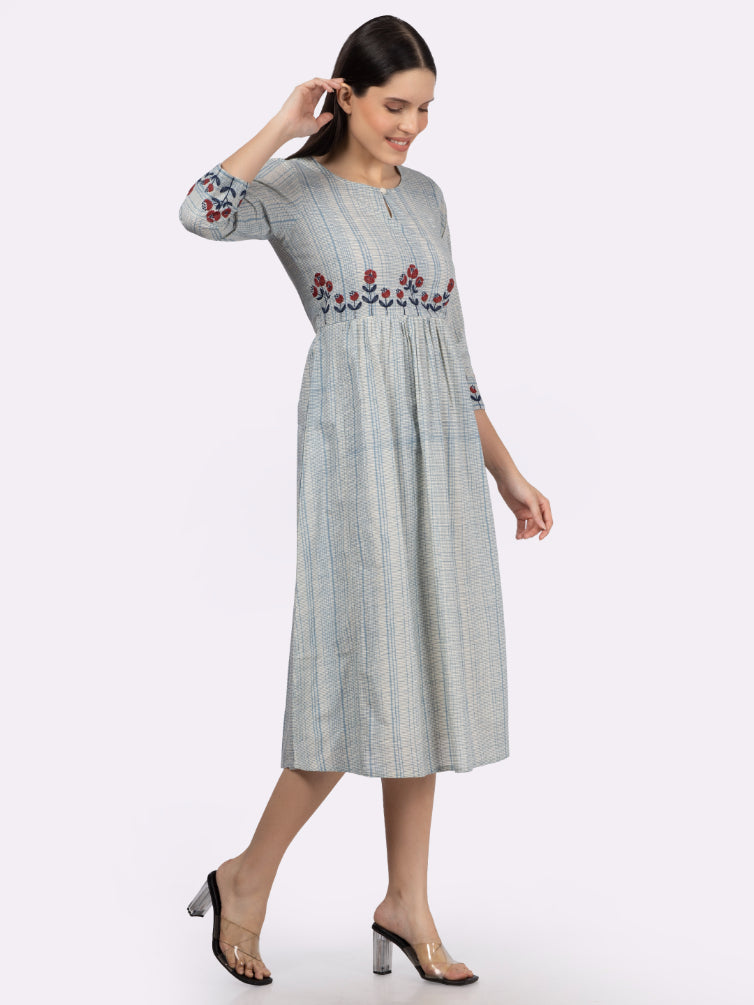 Blue Cotton Embroidered Dress with Micro Grid Print